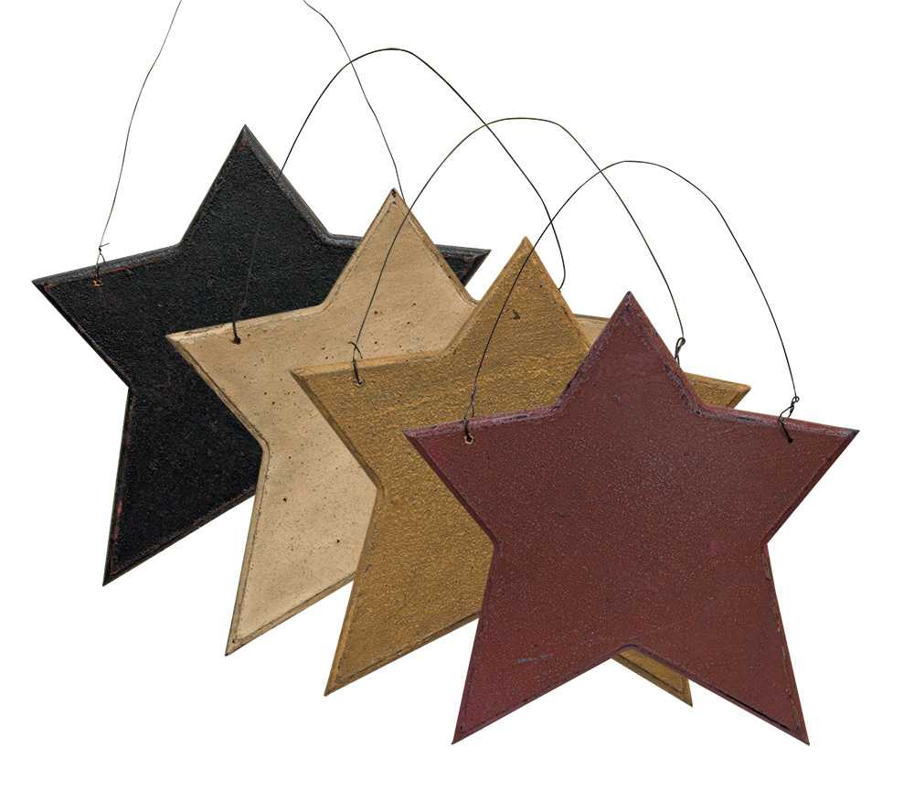 4 wooden primitive star ornaments burgandy black yellow white Christmas Country 