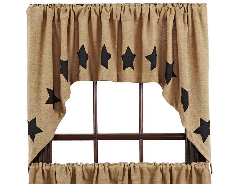 Olivia's Heartland primitive country BURLAP Black STARS window SWAG curtains 