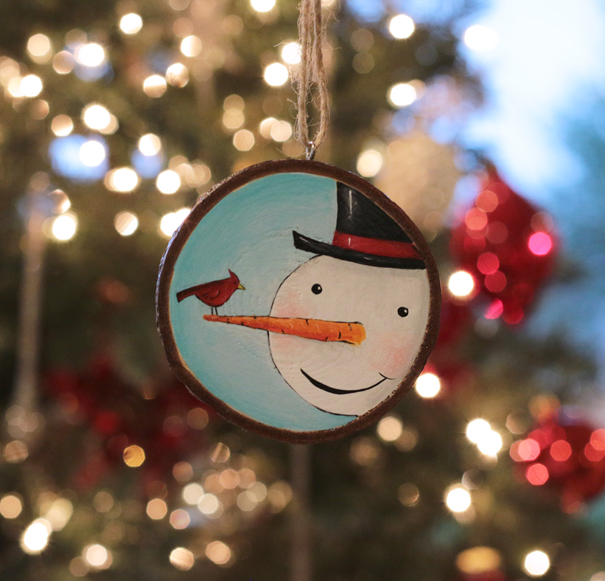 Snowman and Cardinals with Birch Wood Christmas Ornament Tree Decoration 