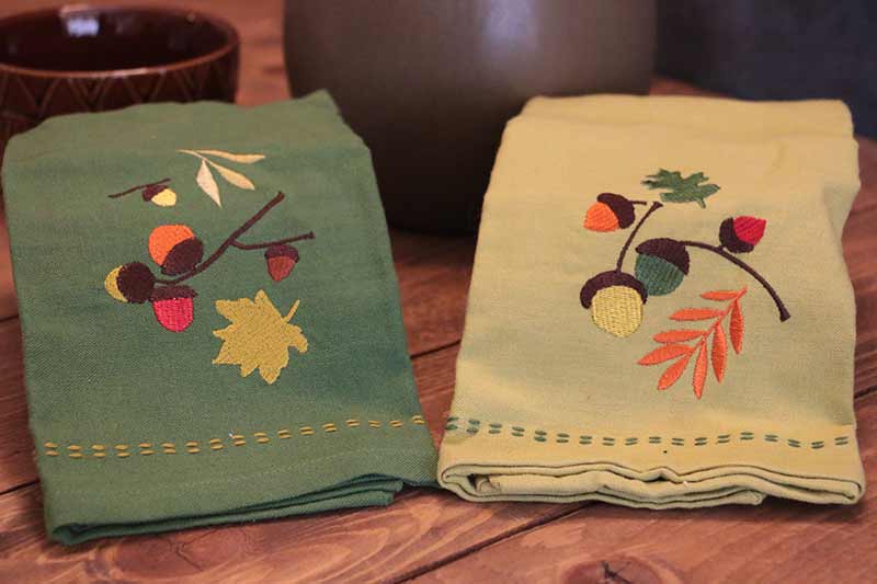 Split Pea Green Acorn Embroidered Guest Towel, by Tag.
