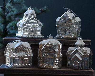 Lit Mercury Glass House Ornament