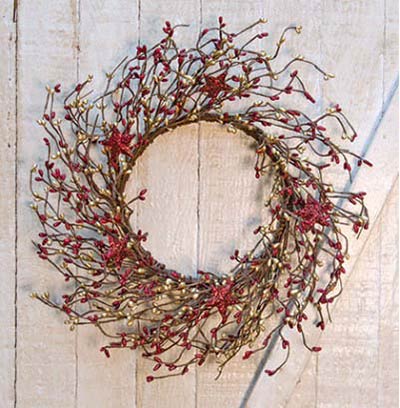 Red & Gold Pip Berry Wreath with Glittered Stars