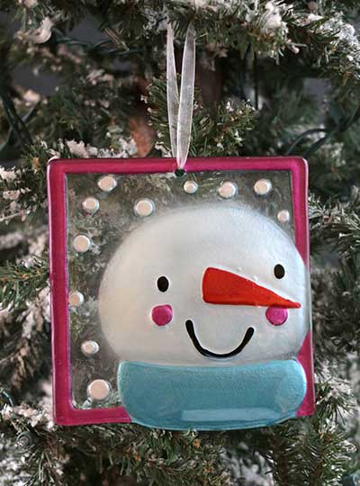 Festive Holiday Glass Ornament - Pink/Aqua Snowman
