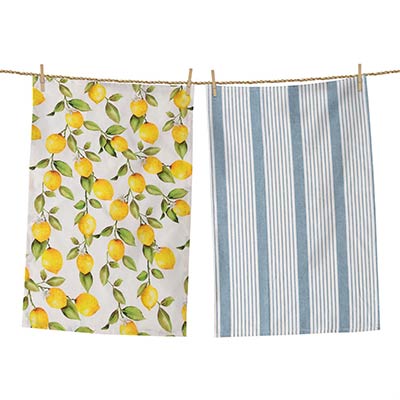 Lemons And Blue Grain Sack Stripe Tea Towels (Set of 2)