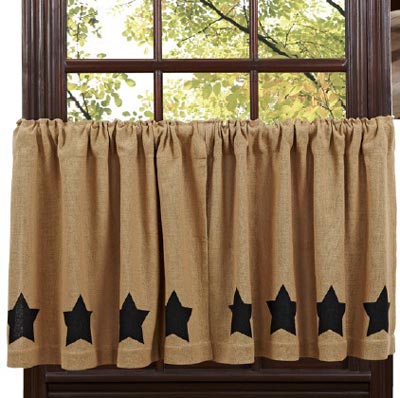 Burlap Black Star Cafe Curtains - 24 inch Tiers