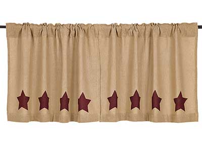 Burgundy Star Burlap Cafe Curtains - 24 inch Tiers