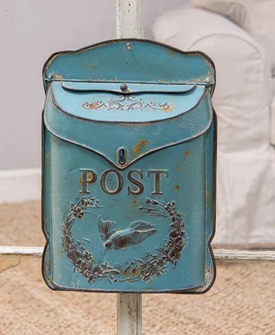 Distressed Blue Postal Wall Box with Bird