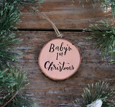 Baby's First Christmas Wood Slice Ornament - Coral Pink (Personalized)
