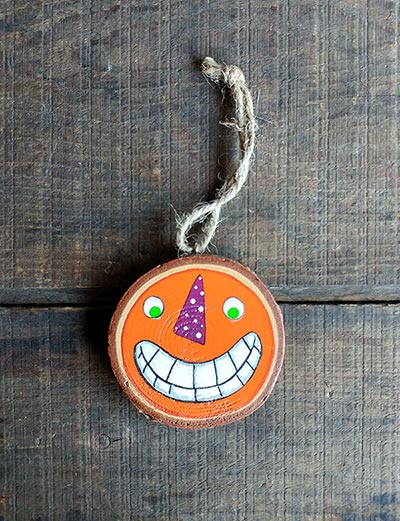 Jack O'Lantern with Purple Nose Wood Slice Ornament