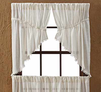 country primitive farmhouse Tobacco Cloth Antique White Fringed Prairie Curtains 
