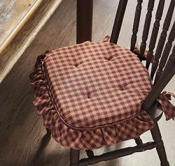VHC Brands Burgundy Check Chair Pad with Ruffle