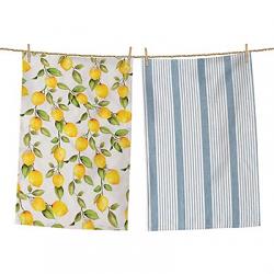 Lemons And Blue Grain Sack Stripe Tea Towels (Set of 2)