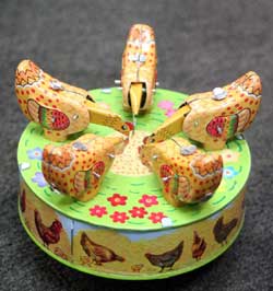 MS483 Carousel Corn-Pecking Chickens Retro Clockwork Wind Up Tin Toy w/Box 