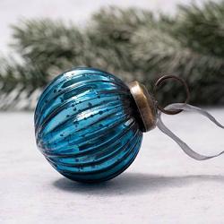 Peacock Blue Ribbed Glass 2 inch Ball Ornament