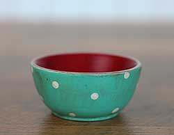 Mini Wooden Bowl - Aqua Blue & Red with Polka Dots