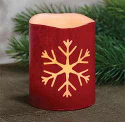 Snowflake Red Battery 4 inch Pillar Candle with Timer