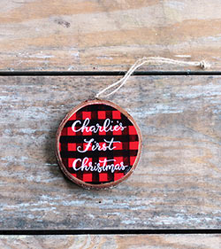 Our Backyard Studio Baby's First Christmas Buffalo Check Ornament (Personalized)
