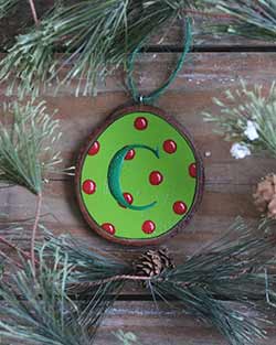 Initial Wood Slice Ornament - Green with Polka Dot