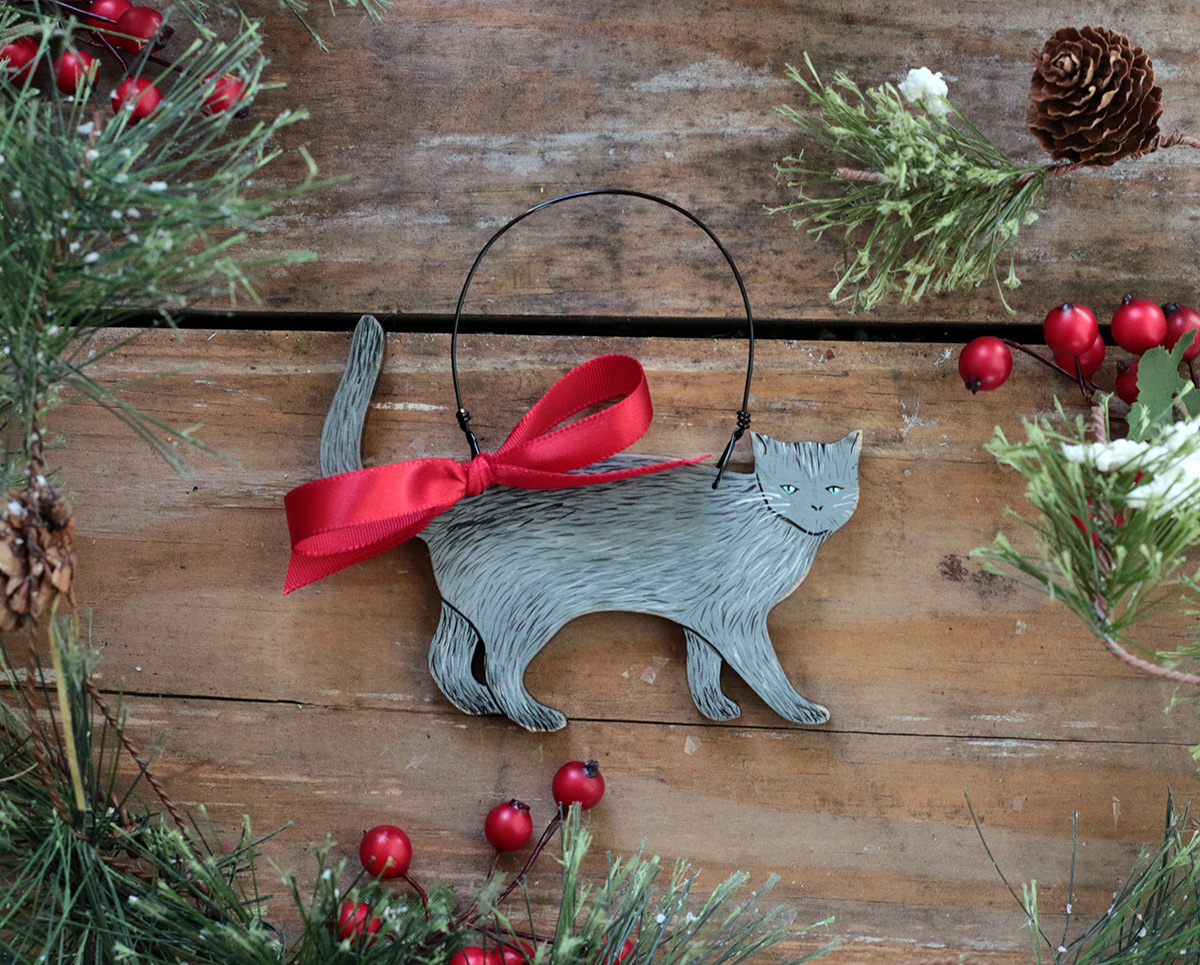 Whimsical Grey Cat Christmas Ornament Figurine Holiday Collectible Statue Gift 