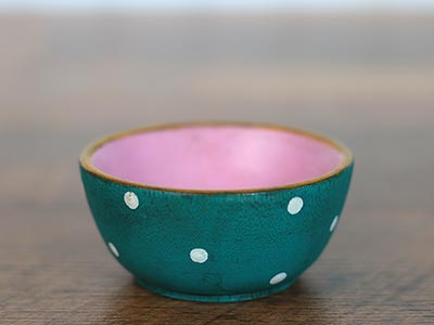 Mini Wooden Bowl - Teal & Pink with Polka Dots