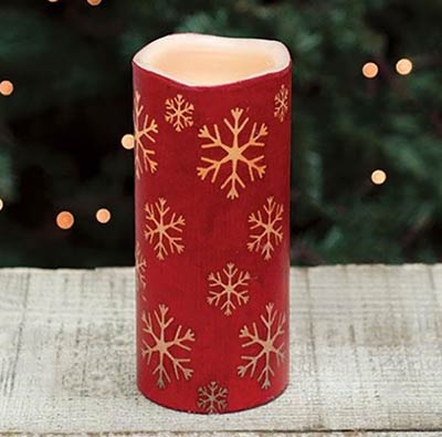 Snowflake Red Battery 7 inch Pillar Candle with Timer