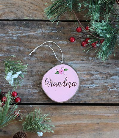 Grandma with Rose Wood Slice Ornament (Personalized)