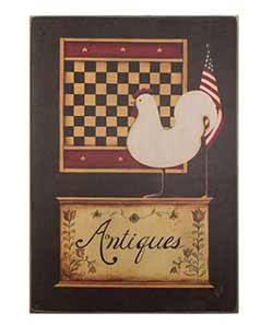 Antiques Sign with Checkerboard & Chicken