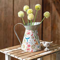 Floral Metal Pitcher with Birds