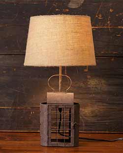 Rusty Lantern Table Lamp with Burlap Shade