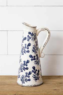 Blue & White Floral Pottery Pitcher