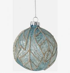 Blue Glittered Leaf Glass Ball Ornament