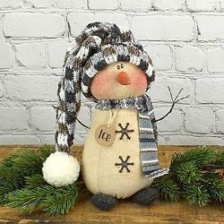 Primitive Weighted Soft Cloth "MELTING"  SNOWMAN with Twig Arms & Rusty Bells