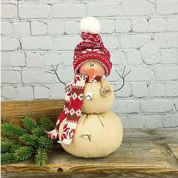 Primitive Weighted Soft Cloth "MELTING"  SNOWMAN with Twig Arms & Rusty Bells