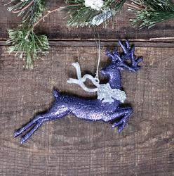 Blue Glittered Running Reindeer Ornament