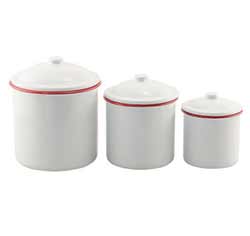 White Enamel Canister Set with Red Rim