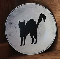 White Distressed Mini Plate with Black Cat