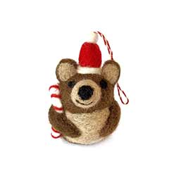 Brown Bear with Candy Cane Tufted Wool Ornament