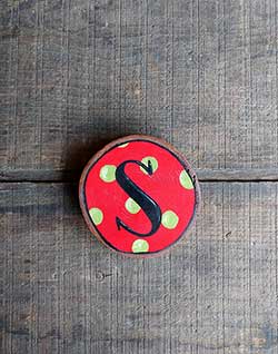Initial Wood Slice Ornament - Red with Polka Dot