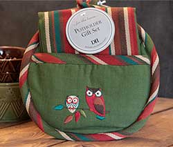Embroidered Owl Pot Holder with Kitchen Towel