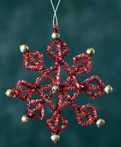 Red Tinsel Snowflake Ornament