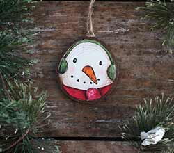 Snowman with Earmuffs Wood Slice Ornament (Personalized)