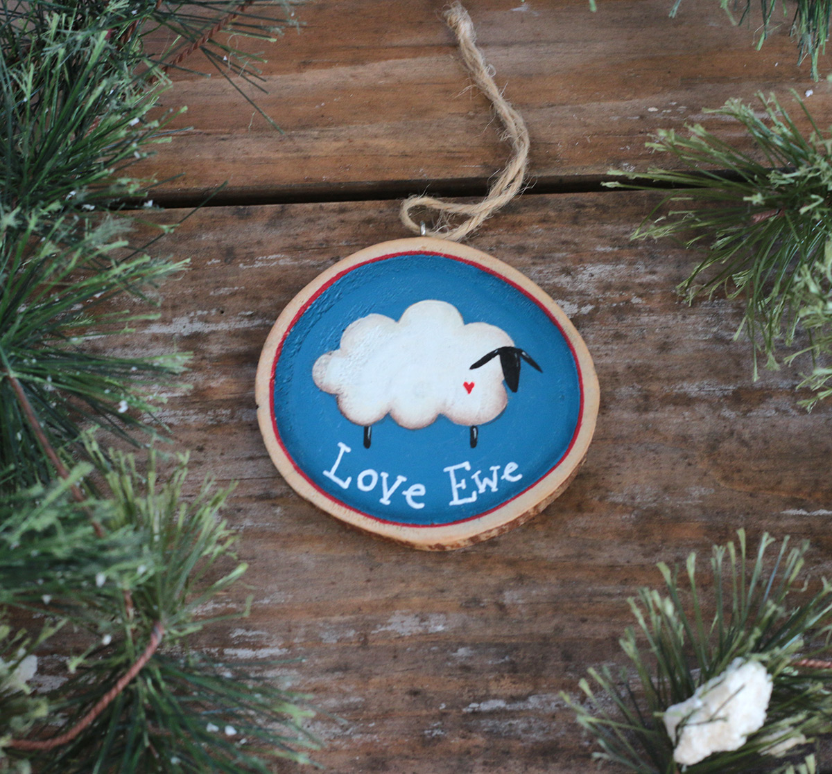 Personalized Love Ewe Primitive Sheep Ornament at The Weed Patch